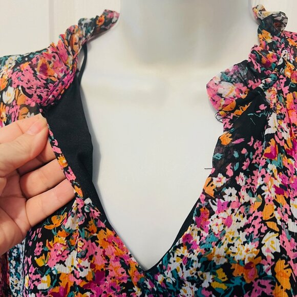 Vince Camuto-NWT-X Small-Vibrant Floral Puffed Long Sleeve-V Neck Mini Bl/Pk Mix - Picture 3 of 16